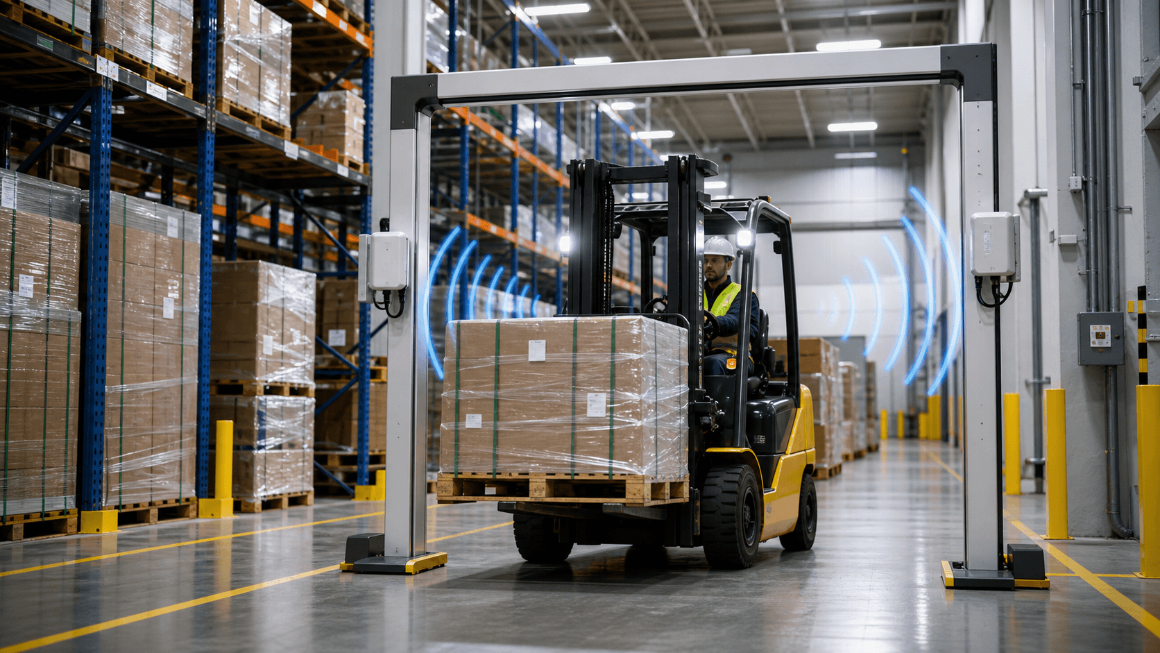 Leitura RFID em pallets movimentados por empilhadeira em operação industrial