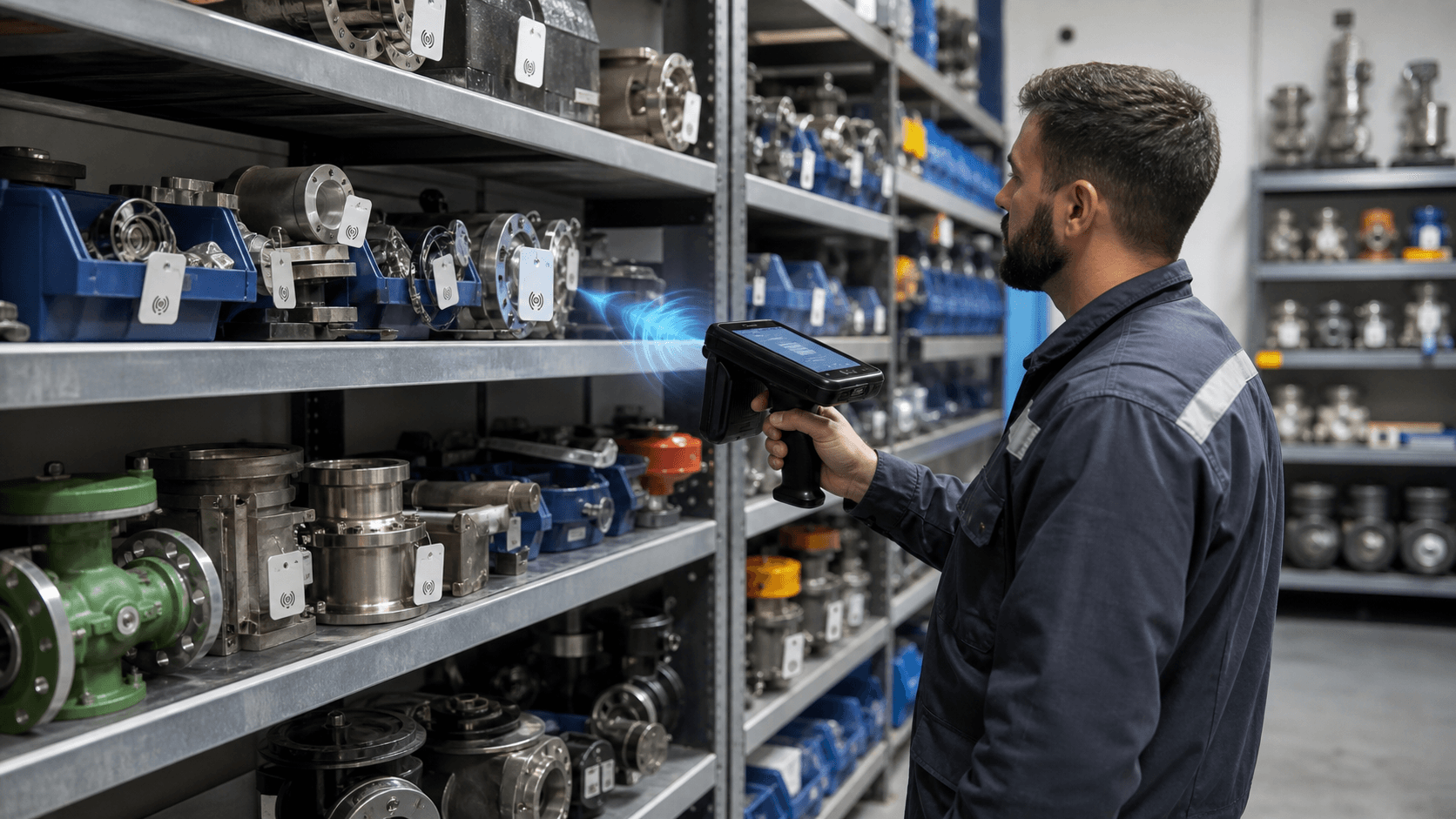 Equipe realizando inventário manual em estoque industrial