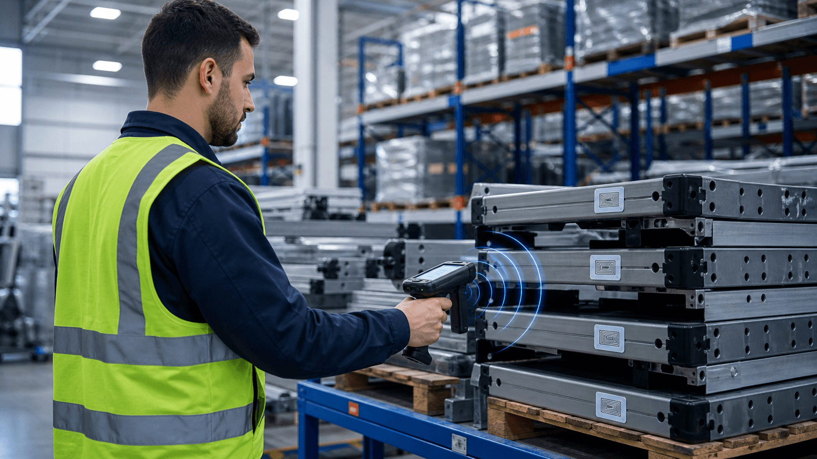 Leitor handheld RFID sendo utilizado em inventário industrial